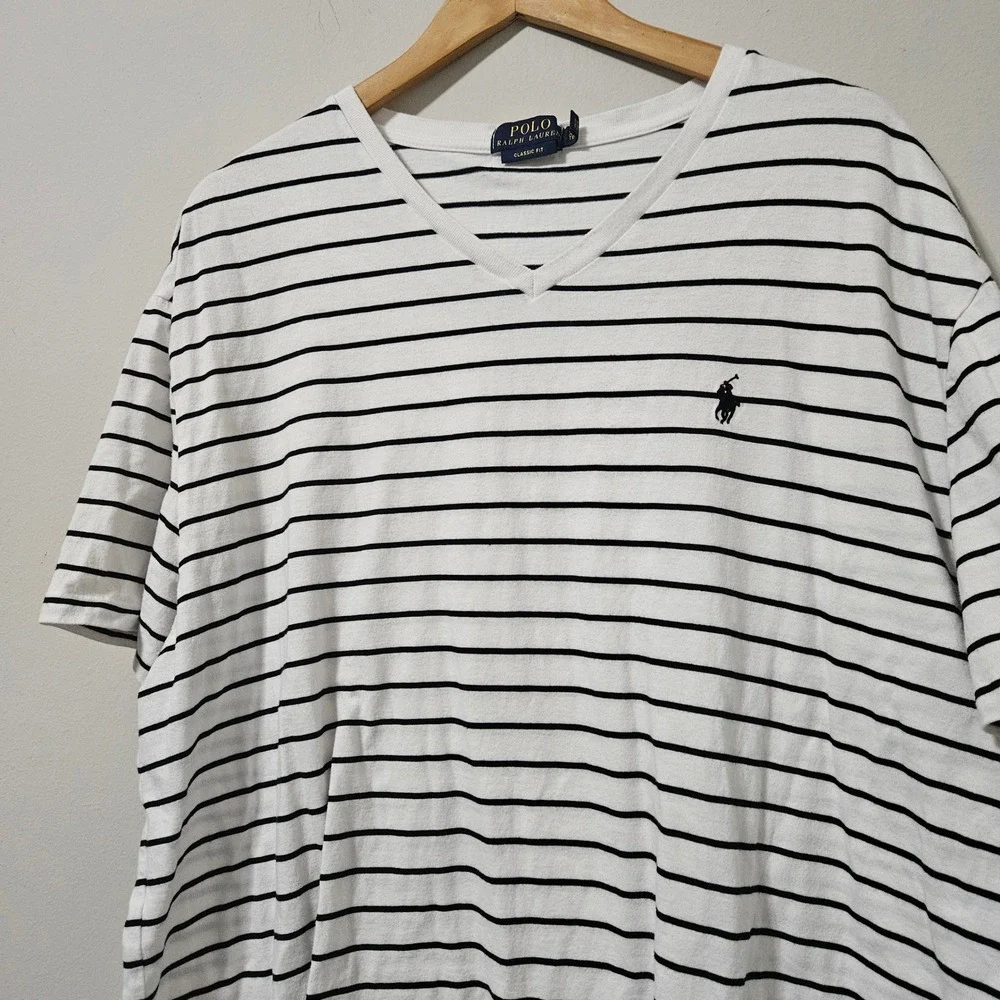 Polo‎ Ralph Lauren Mens XL Classic Fit V-Neck Striped T-Shirt White Navy Blue